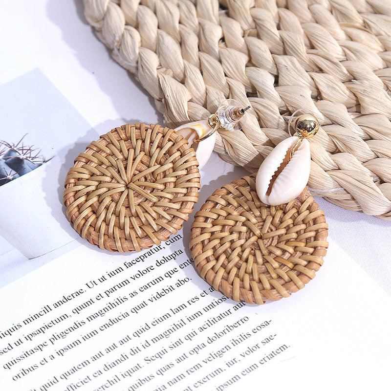 Handmade Geometric Shell Rattan Woven European And American Earrings Women's Simple Round Net Red Korean Earrings Jewelry On Behalf Of-Jewearrings