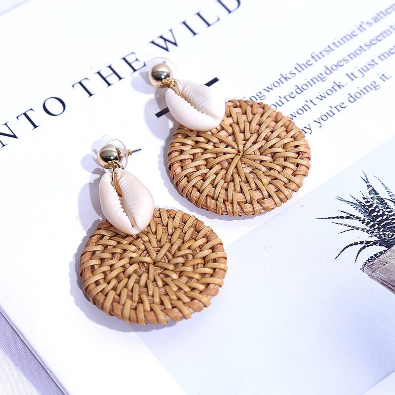 Handmade Geometric Shell Rattan Woven European And American Earrings Women's Simple Round Net Red Korean Earrings Jewelry On Behalf Of-Jewearrings