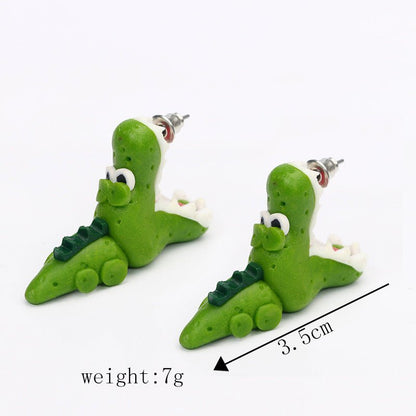 Handmade Tyrannosaurus Rex Cute Blue Soft Pottery Earrings-Jewearrings