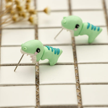 Handmade Tyrannosaurus Rex Cute Blue Soft Pottery Earrings-Jewearrings