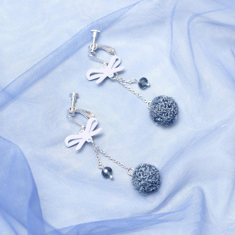 Haze blue fur ball earrings-Jewearrings