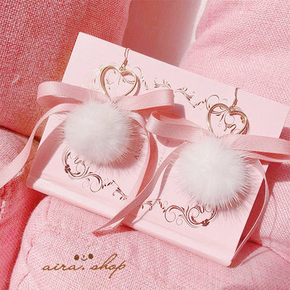 Heart-warming Girl Mink Velvet Full Big Hair Ball Bow Ribbon Love Earrings-Jewearrings