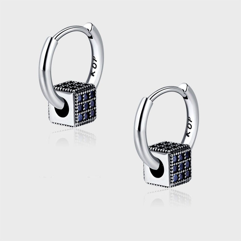 Heavy Industrial S925 Sterling Silver Spinel Blue Full Zirconium Stereo Square Round Ear Clasp Female Earrings-Jewearrings