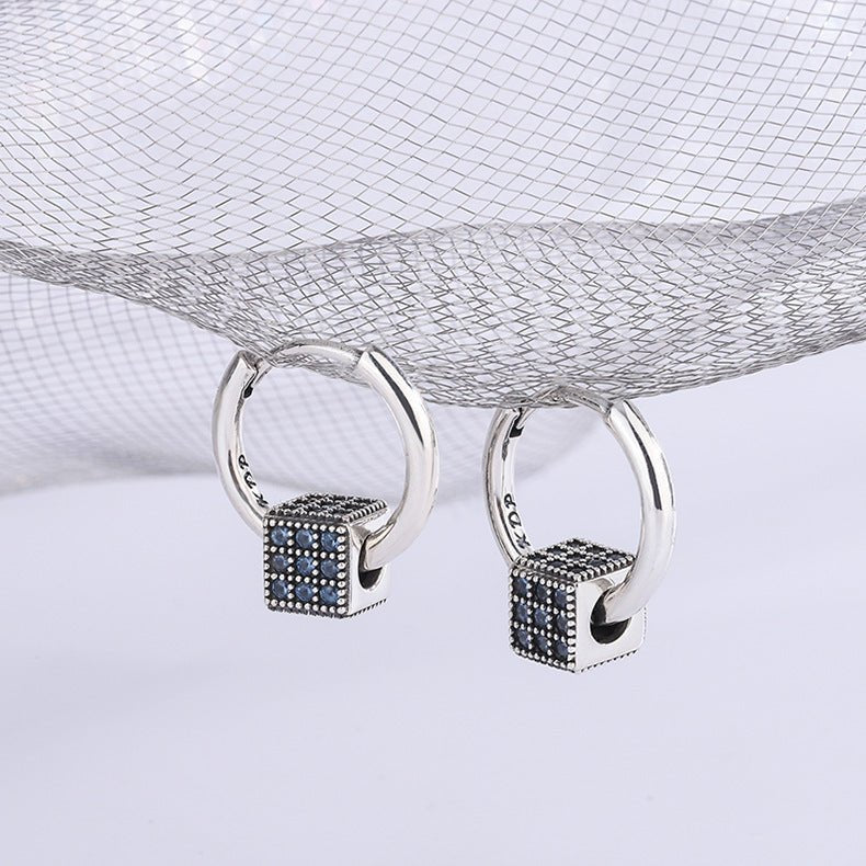 Heavy Industrial S925 Sterling Silver Spinel Blue Full Zirconium Stereo Square Round Ear Clasp Female Earrings-Jewearrings