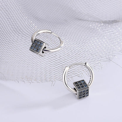 Heavy Industrial S925 Sterling Silver Spinel Blue Full Zirconium Stereo Square Round Ear Clasp Female Earrings-Jewearrings