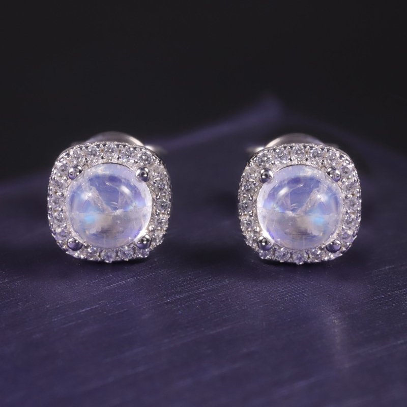 High-grade Elegant Natural Blue Moonstone Stud Earrings Round S925 Sterling Silver Inlaid Gemstone-Jewearrings