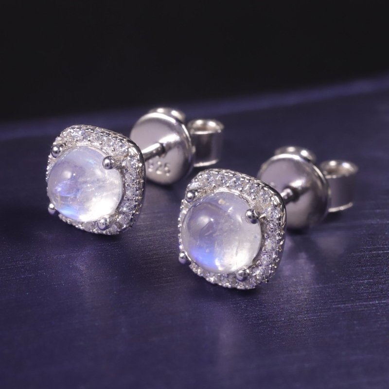 High-grade Elegant Natural Blue Moonstone Stud Earrings Round S925 Sterling Silver Inlaid Gemstone-Jewearrings