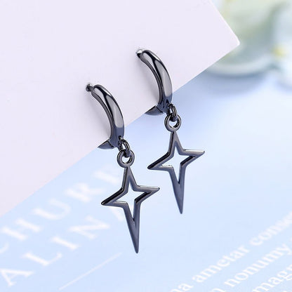 Hip Hip Men Earrings Jewelry Punk Silver Black Hollow Star Cross Pendant Small Hoop Stud Earrings For Women-Jewearrings