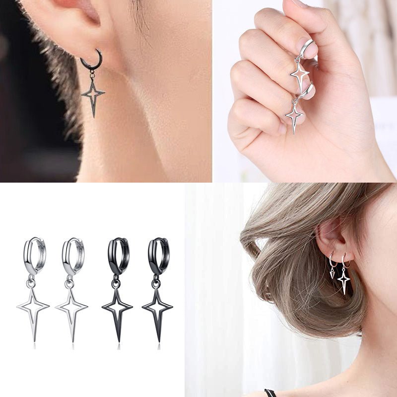 Hip Hip Men Earrings Jewelry Punk Silver Black Hollow Star Cross Pendant Small Hoop Stud Earrings For Women-Jewearrings