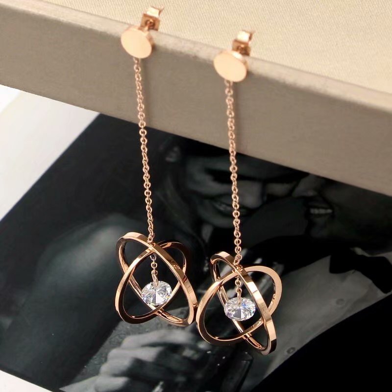 Hollow Ball Hanging Single Diamond Zircon Rose Gold Earrings-Jewearrings