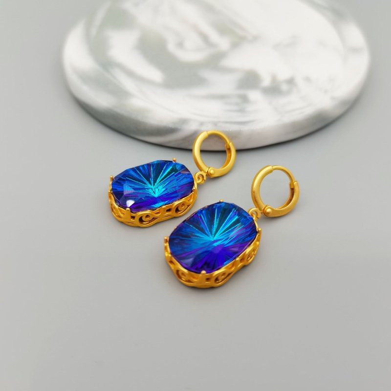 Hollow Cloud Pattern Sapphire Pendant Ear Clip Brass Plated 18K Real Gold Earrings-Jewearrings