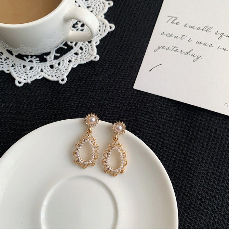 Hollow Water Drop Earrings with Pearl and Diamonds-Jewearrings