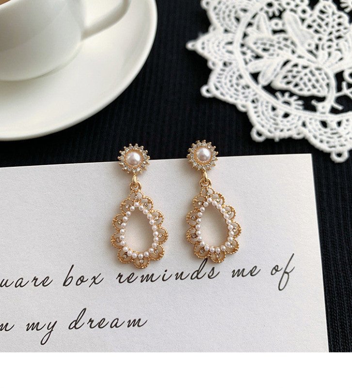 Hollow Water Drop Earrings with Pearl and Diamonds-Jewearrings