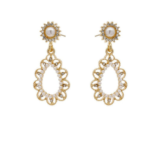 Hollow Water Drop Earrings with Pearl and Diamonds-Jewearrings