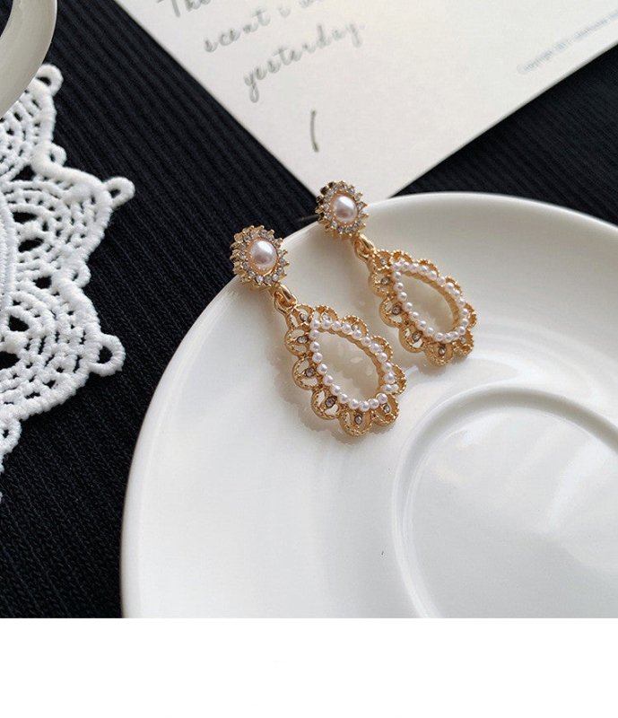 Hollow Water Drop Earrings with Pearl and Diamonds-Jewearrings