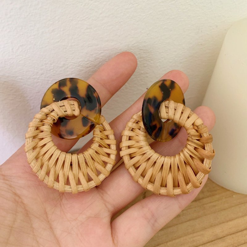 Hot Sale Leopard Pattern Rattan Earrings Acetate Acrylic Rattan Straw Woven Geometric Round Earrings Earrings-Jewearrings