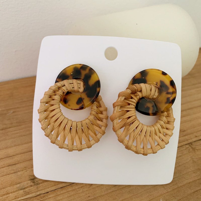 Hot Sale Leopard Pattern Rattan Earrings Acetate Acrylic Rattan Straw Woven Geometric Round Earrings Earrings-Jewearrings