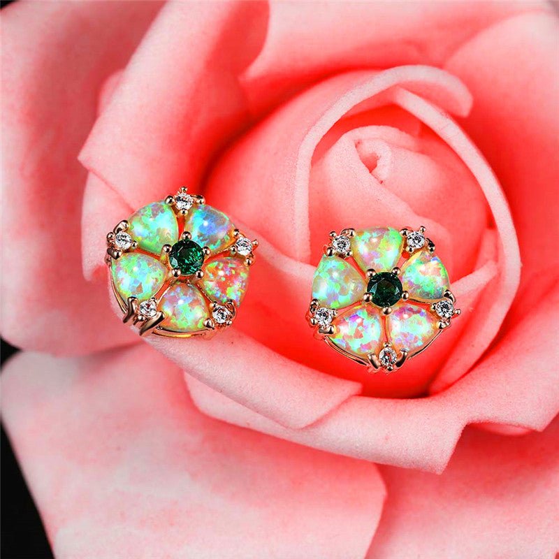 Hot Selling Platinum Opal Diamond Flower Stud Earrings Women-Jewearrings