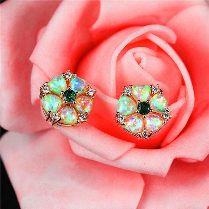 Hot Selling Platinum Opal Diamond Flower Stud Earrings Women-Jewearrings