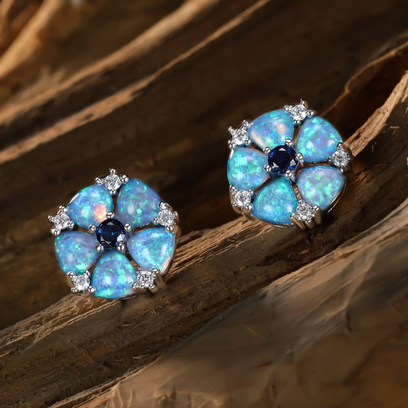 Hot Selling Platinum Opal Diamond Flower Stud Earrings Women-Jewearrings