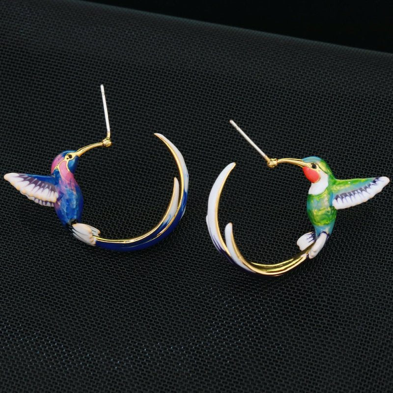 Hummingbird Earrings - Enamel C-Shaped-Jewearrings