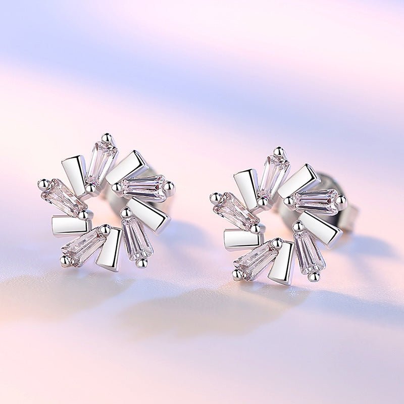 Ice Crystal Flower Love Trapezoidal Zircon Cupronickel Silver-plated Stud Earrings-Jewearrings