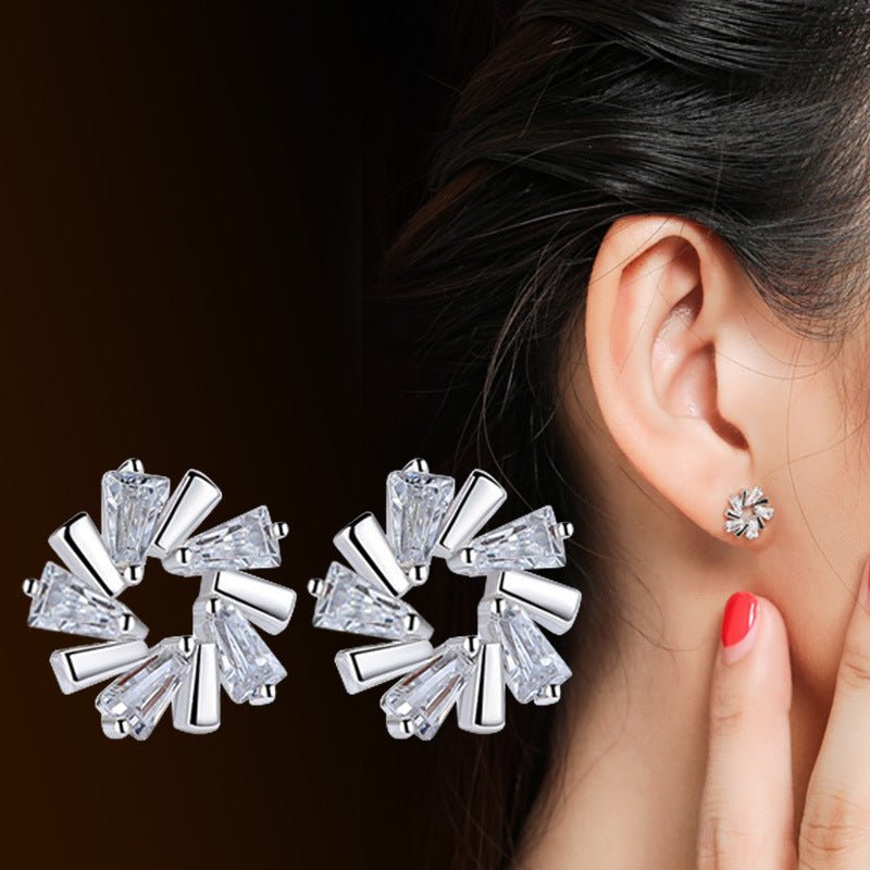 Ice Crystal Flower Love Trapezoidal Zircon Cupronickel Silver-plated Stud Earrings-Jewearrings