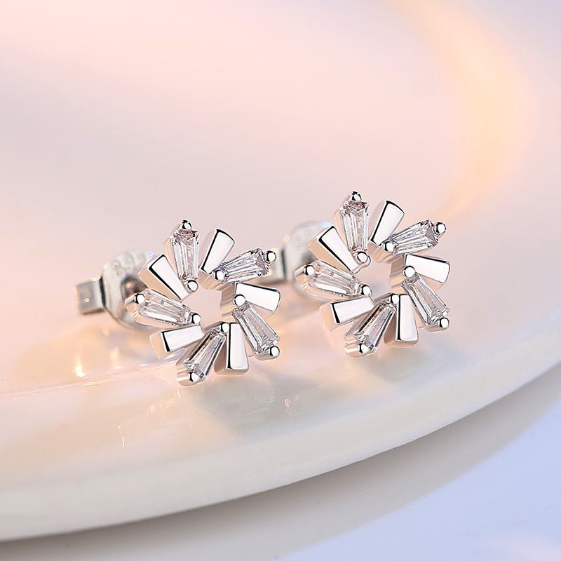 Ice Crystal Flower Love Trapezoidal Zircon Cupronickel Silver-plated Stud Earrings-Jewearrings