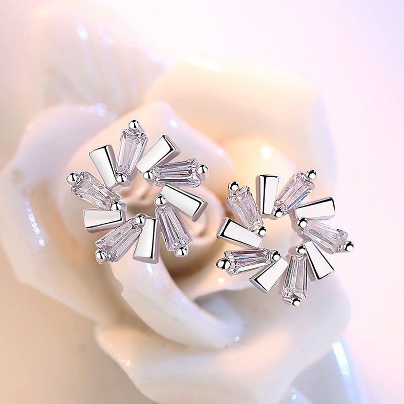 Ice Crystal Flower Love Trapezoidal Zircon Cupronickel Silver-plated Stud Earrings-Jewearrings