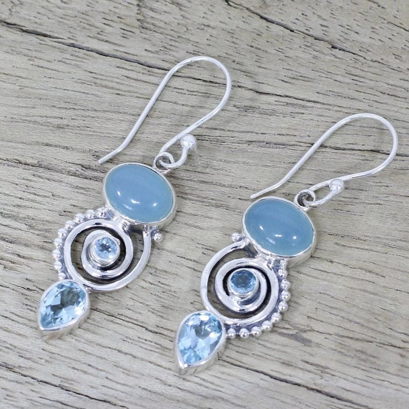 Inlaid sea blue topaz earrings-Jewearrings