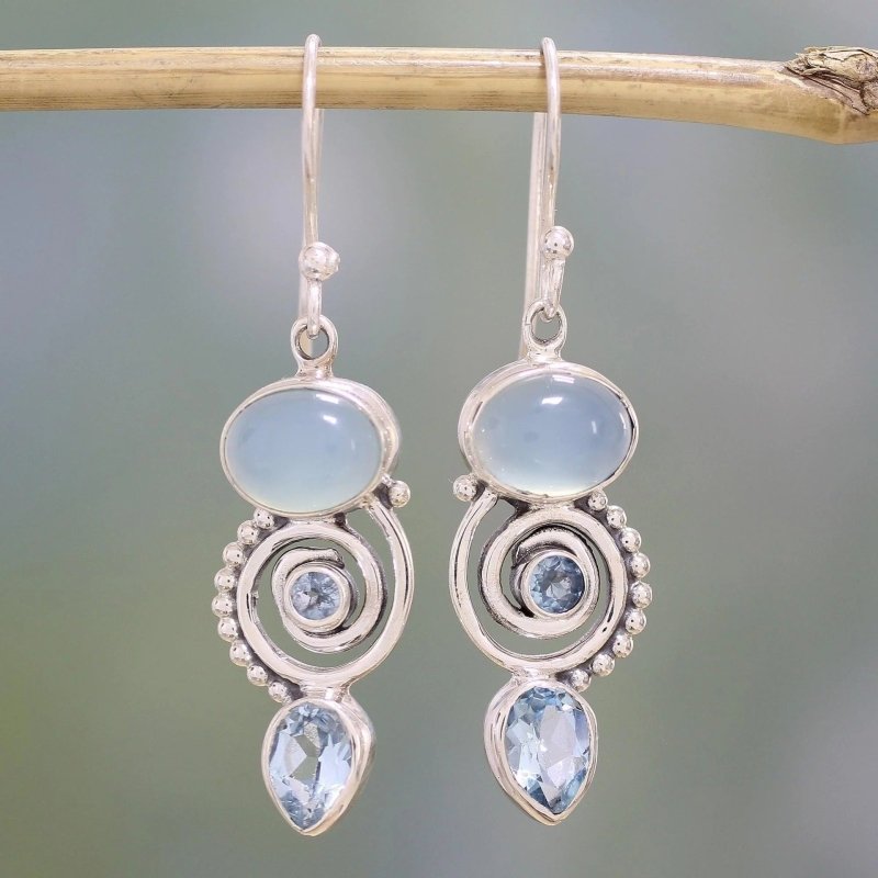 Inlaid sea blue topaz earrings-Jewearrings