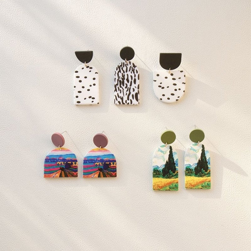 Ins Printed Spot White Acrylic-based Resin Earrings-Jewearrings