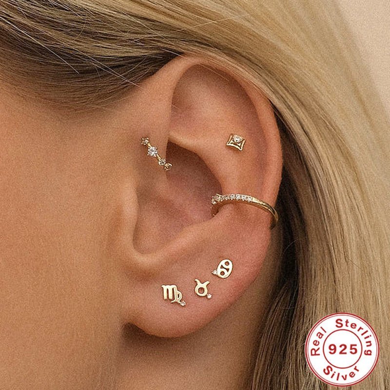 Ins Style Mini Glossy Twelve Constellation S925 Sterling Silver Personality Diamond Constellation Ear Studs Earrings-Jewearrings