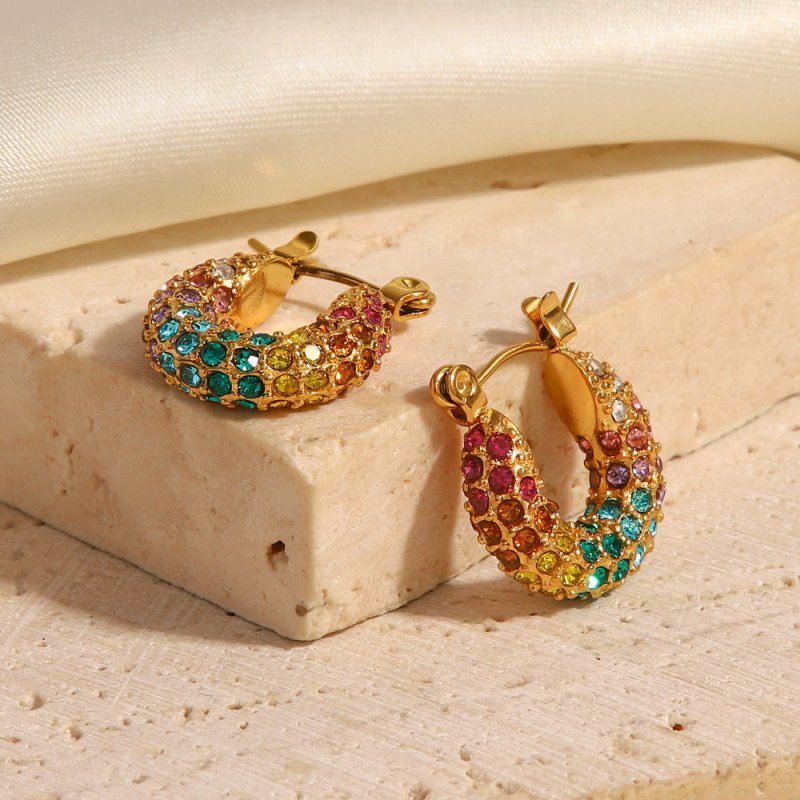 Ins18K Gold-plated Dense Inlaid Colorful Full Diamond Earrings Design Sense-Jewearrings