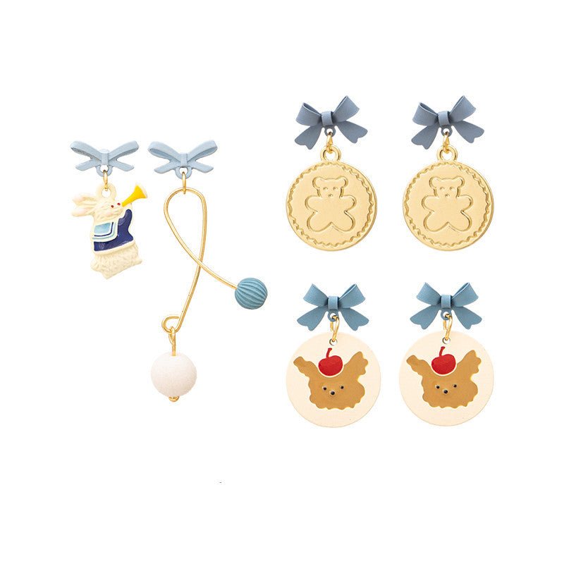 IPINK Blue Bunny Asymmetrical Earrings Bear Bow Silver Needle No Pierced Ear Clip Female Fairy 716-Jewearrings