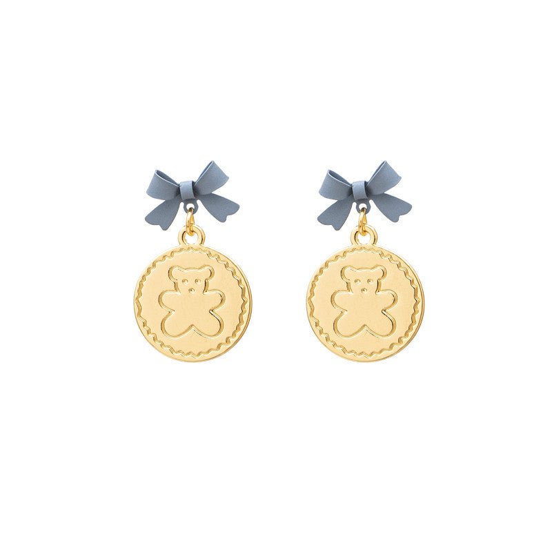 IPINK Blue Bunny Asymmetrical Earrings Bear Bow Silver Needle No Pierced Ear Clip Female Fairy 716-Jewearrings