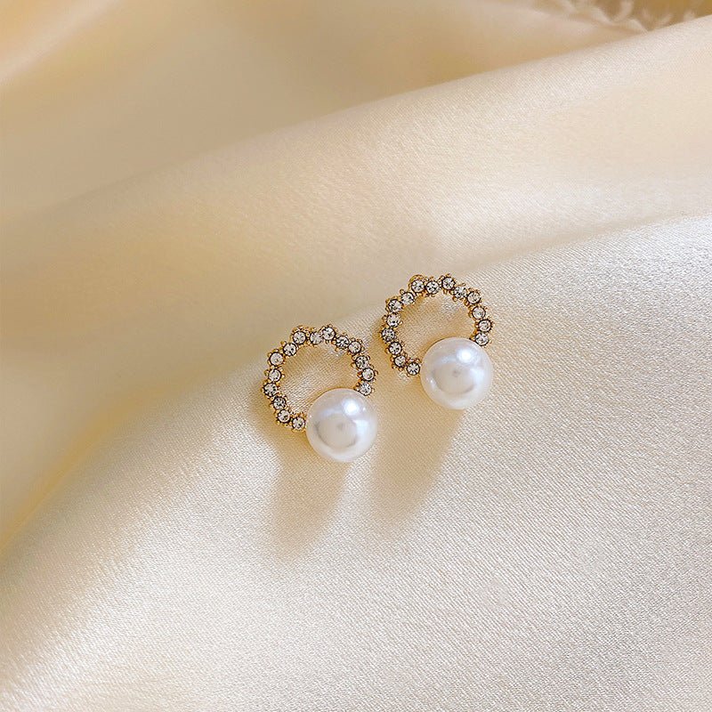 Irregular Diamond Ring Temperament Pearl Earrings-Jewearrings