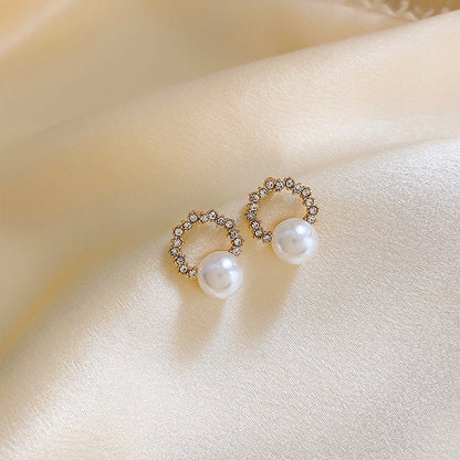 Irregular Diamond Ring Temperament Pearl Earrings-Jewearrings