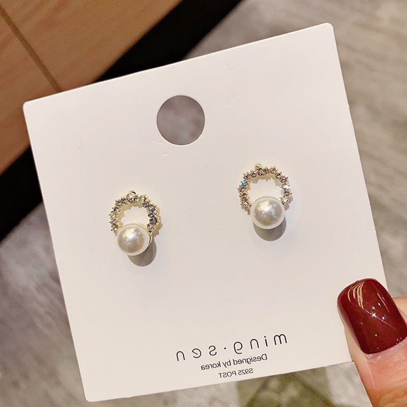 Irregular Diamond Ring Temperament Pearl Earrings-Jewearrings