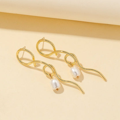 Irregular Winding Metal Baroque Shaped Pearl Earrings-Jewearrings