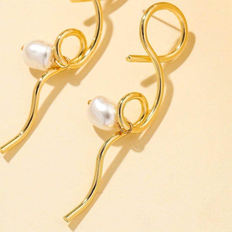 Irregular Winding Metal Baroque Shaped Pearl Earrings-Jewearrings