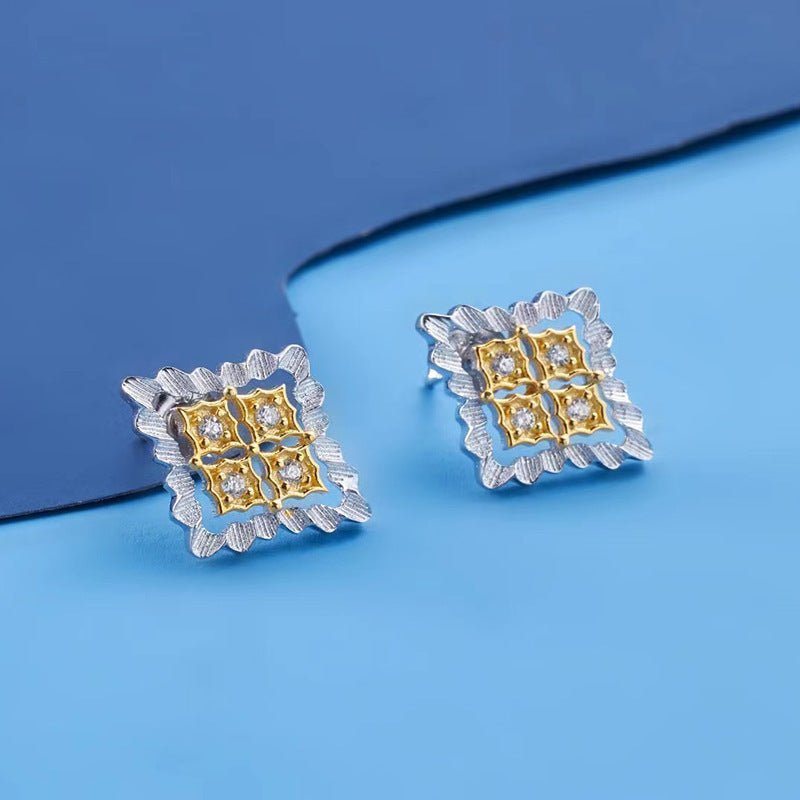 Italian Craft Diamond Stud Earrings Gold Plated Two Tone-Jewearrings