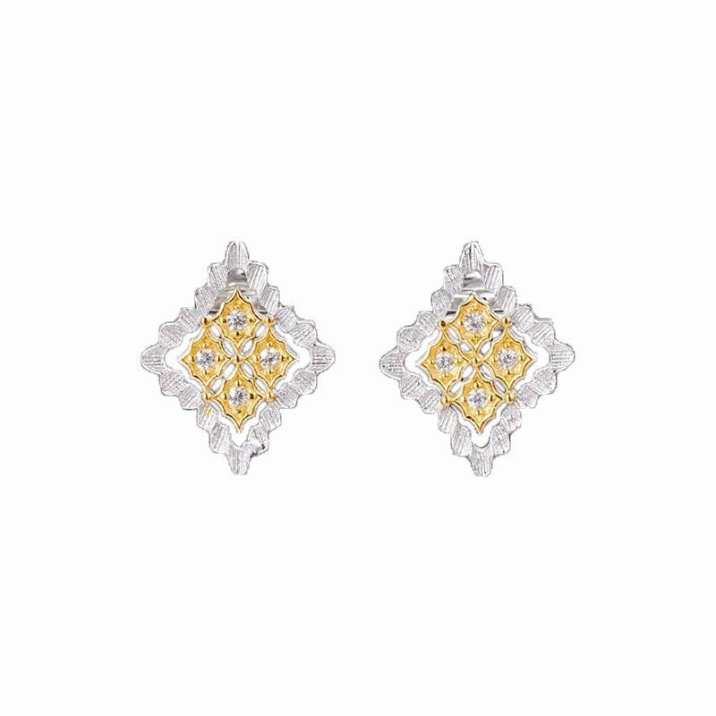 Italian Craft Diamond Stud Earrings Gold Plated Two Tone-Jewearrings