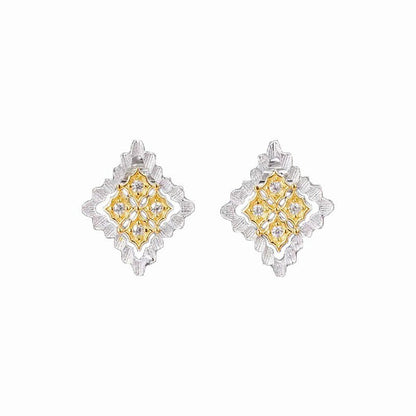 Italian Craft Diamond Stud Earrings Gold Plated Two Tone-Jewearrings