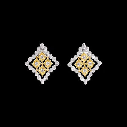 Italian Craft Diamond Stud Earrings Gold Plated Two Tone-Jewearrings