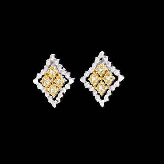 Italian Craft Diamond Stud Earrings Gold Plated Two Tone-Jewearrings