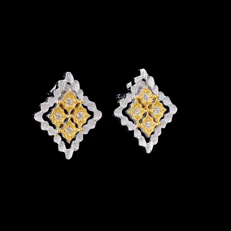 Italian Craft Diamond Stud Earrings Gold Plated Two Tone-Jewearrings