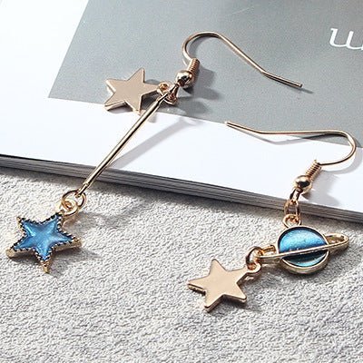 Japan And South Korea Blue Starry Sky Planet Asymmetric Earrings-Jewearrings