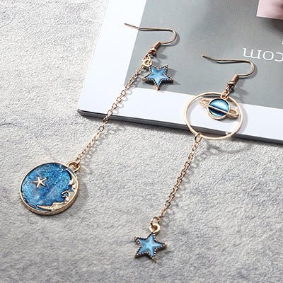 Japan And South Korea Blue Starry Sky Planet Asymmetric Earrings-Jewearrings