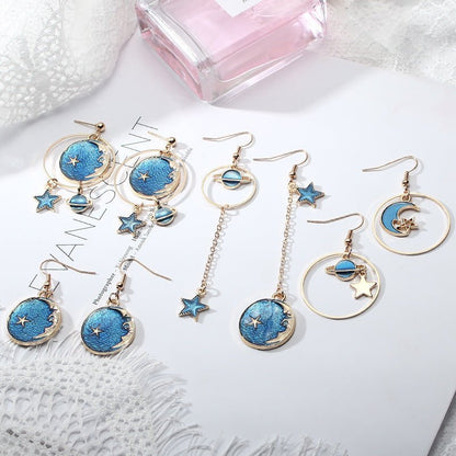 Japan And South Korea Blue Starry Sky Planet Asymmetric Earrings-Jewearrings